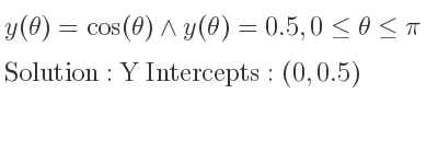 The y(θ)=cos(θ)\land y(θ)=0.5,0<= θ<= pi is Y Intercepts: (0,0.5)